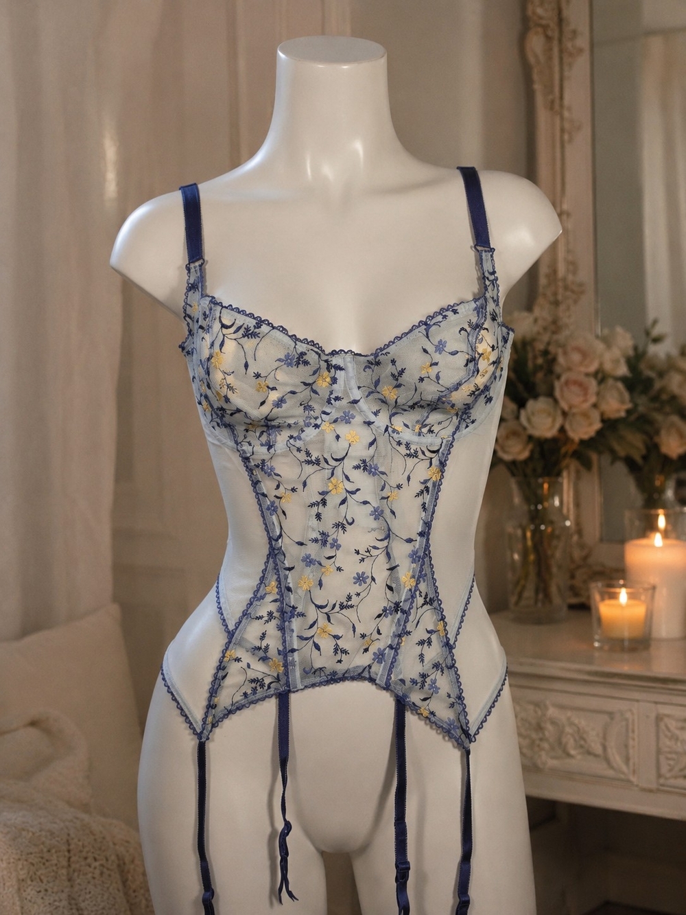 Adore Me Corset Bustier 38C Blue Floral Embroidered Mesh Garter Lingerie